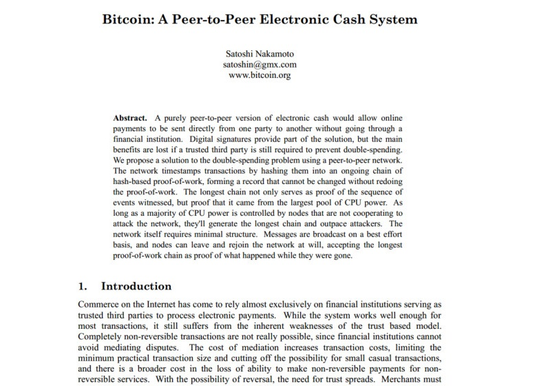 Screenshot of the original Bitcoin whitepaper published by Satoshi Nakamoto in 2008